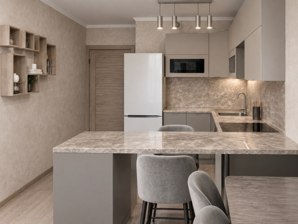 Кухня в квартире 58 м² после комплексного ремонта