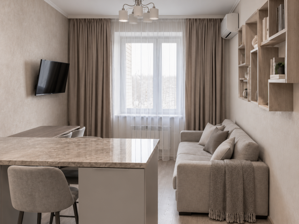 Жилая зона квартиры 58 м² после отделки